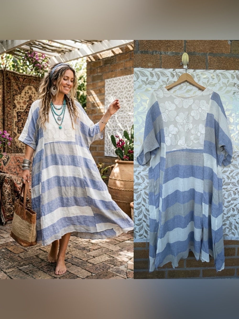 Mastro Moda Italy Linen Floral Lace Stripe Kaftan Dress Slit Pocket Coastal OS